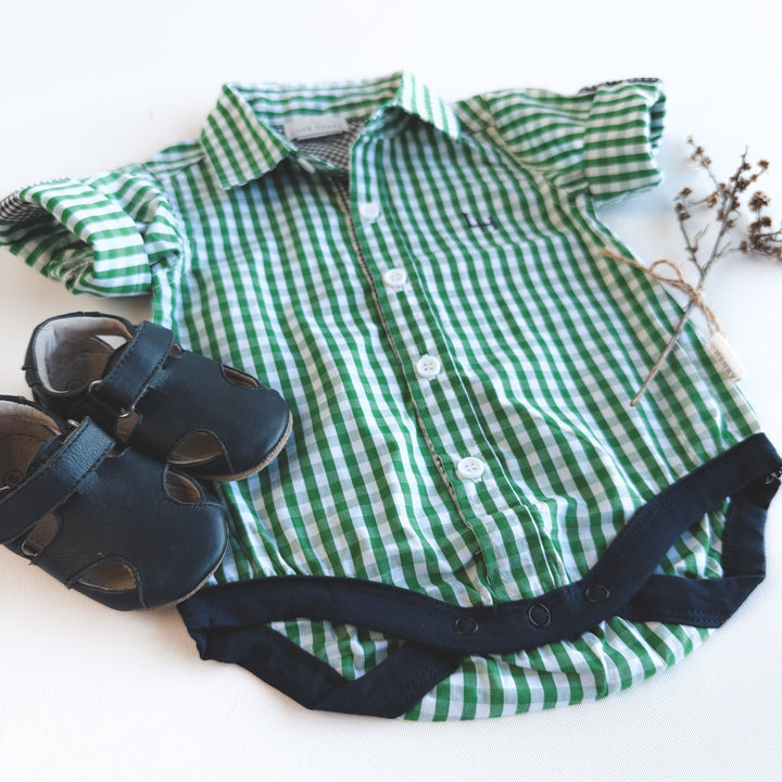 Baby Boys Dress Shirt Romper -  Bright Green Check