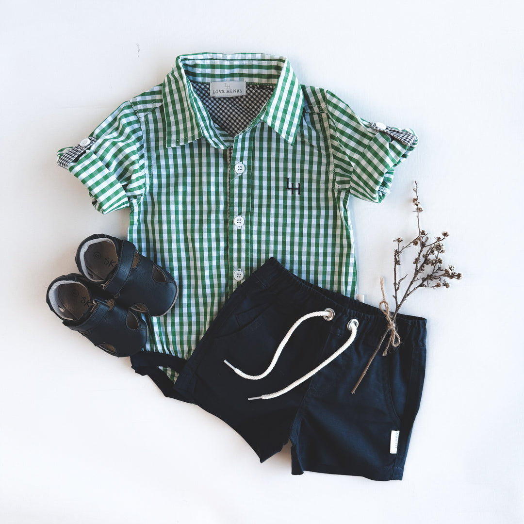 Baby Boys Dress Shirt Romper -  Bright Green Check