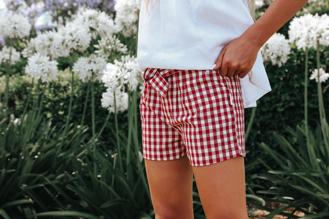 Girls Tie Waist Shorts - Red Check