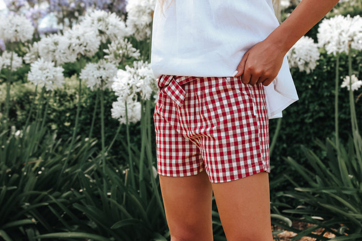 Girls Tie Waist Shorts - Red Check