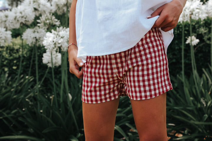 Girls Tie Waist Shorts - Red Check