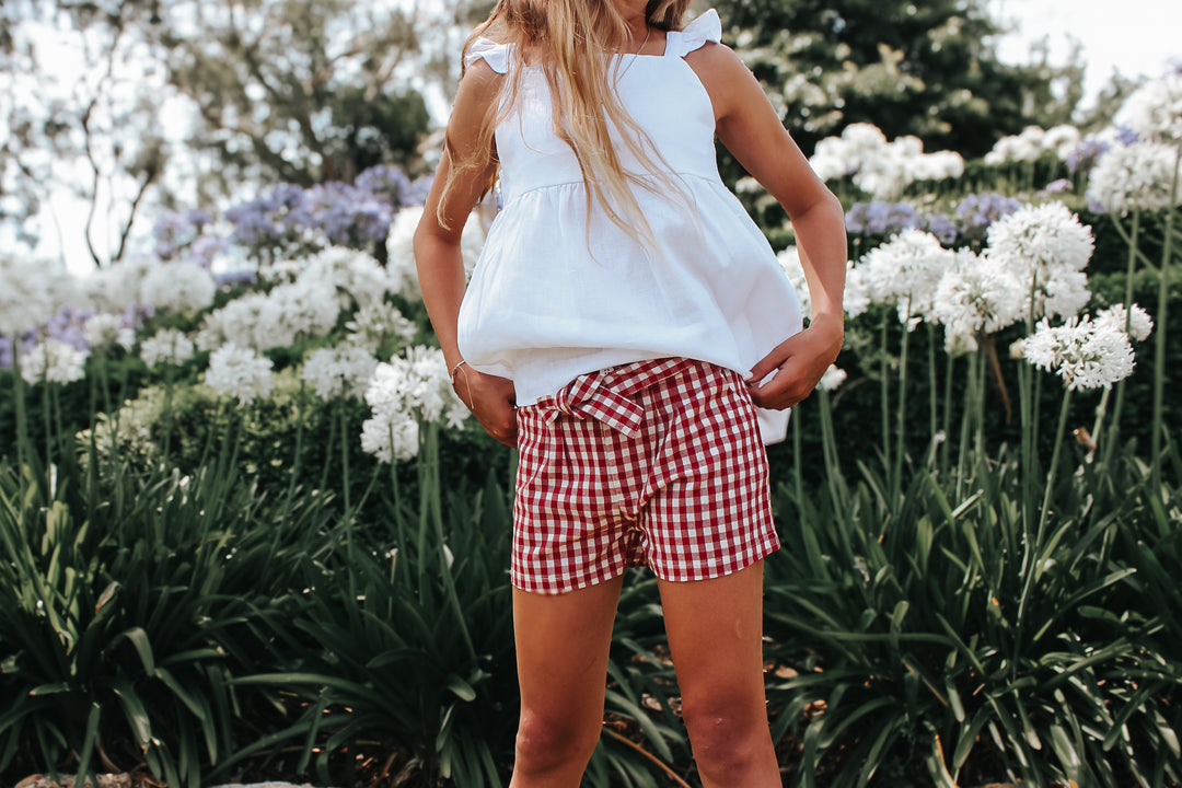 Girls Tie Waist Shorts - Red Check