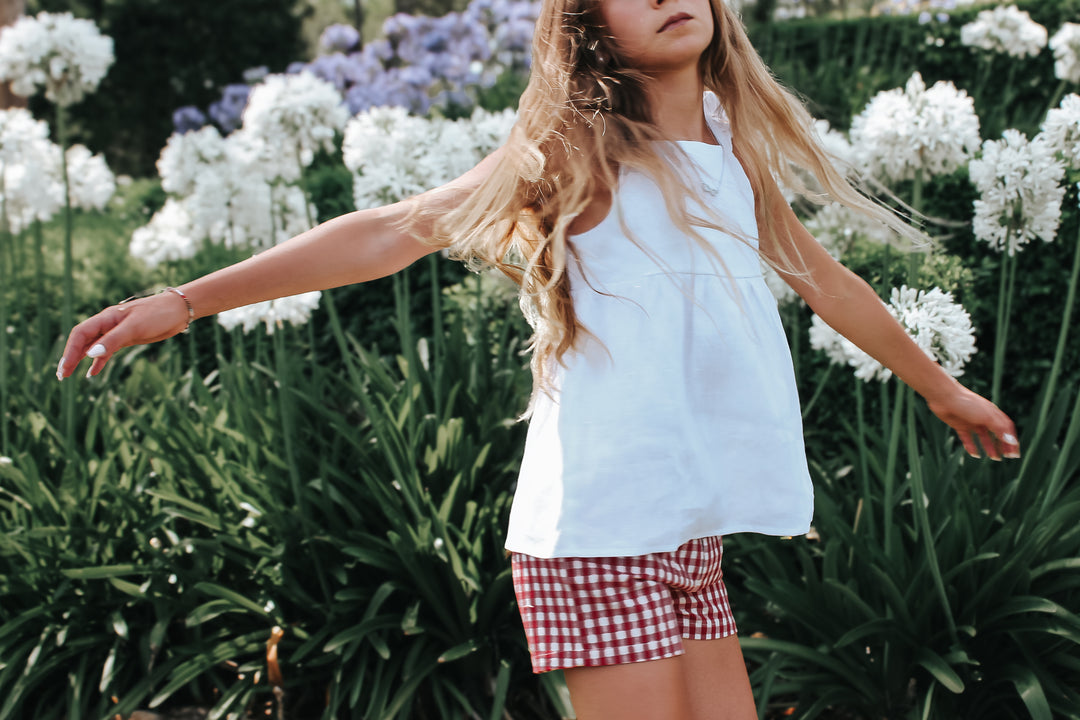 Girls Tie Waist Shorts - Red Check