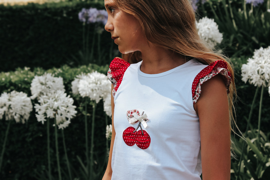 Girls Applique Top - Red Cherries
