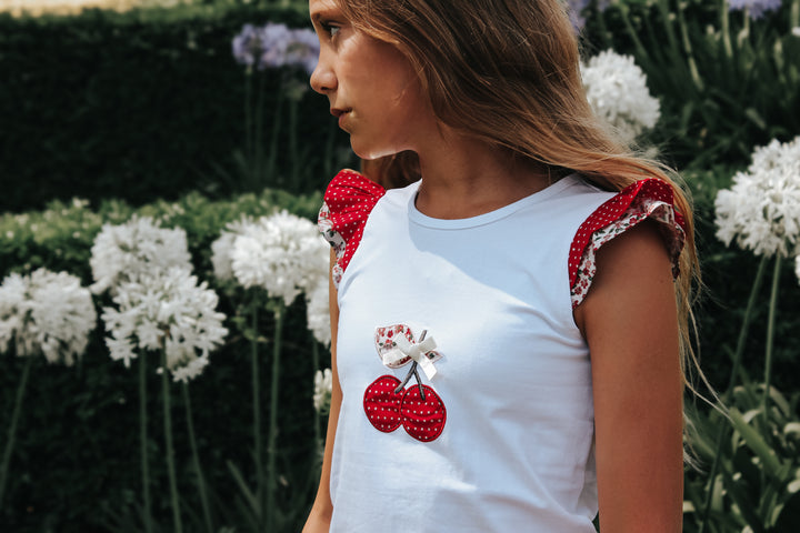 Girls Applique Top - Red Cherries