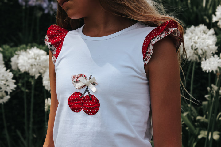 Girls Applique Top - Red Cherries