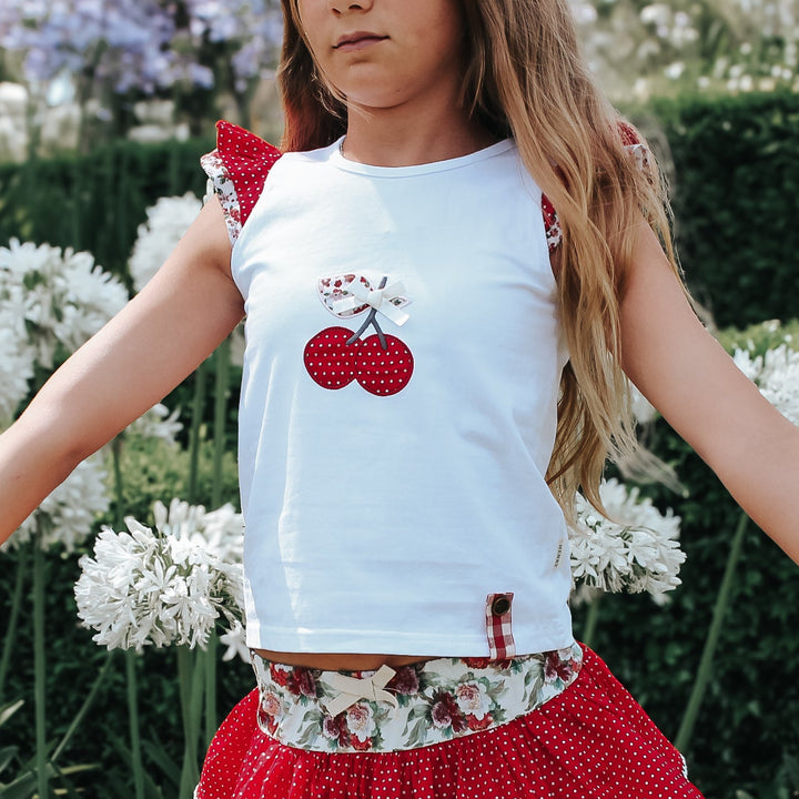 Girls Applique Top - Red Cherries