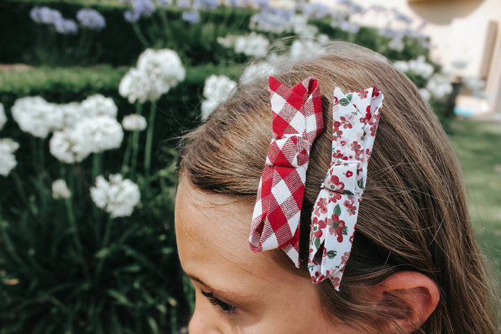 Girls Clips 2 Pack - Pink Petite Floral/Red Check