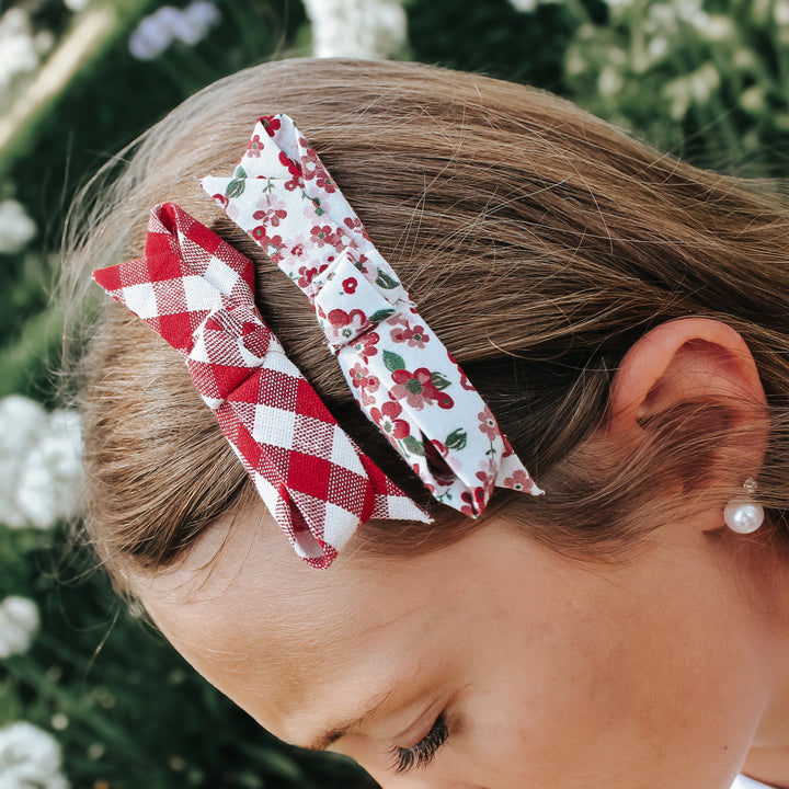 Girls Clips 2 Pack - Pink Petite Floral/Red Check