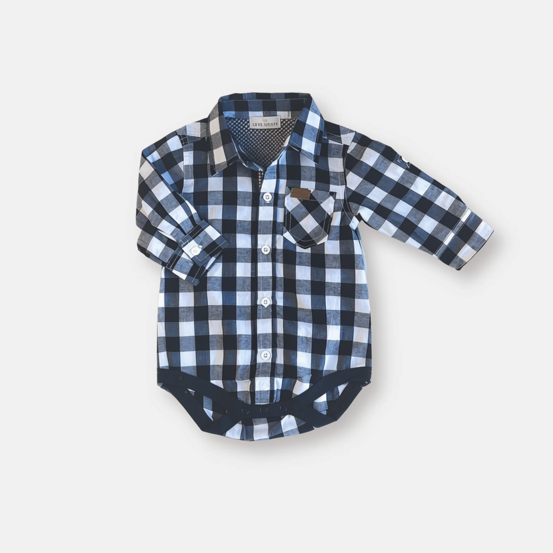 Baby Boys Dress Shirt Romper -  Large Navy Check