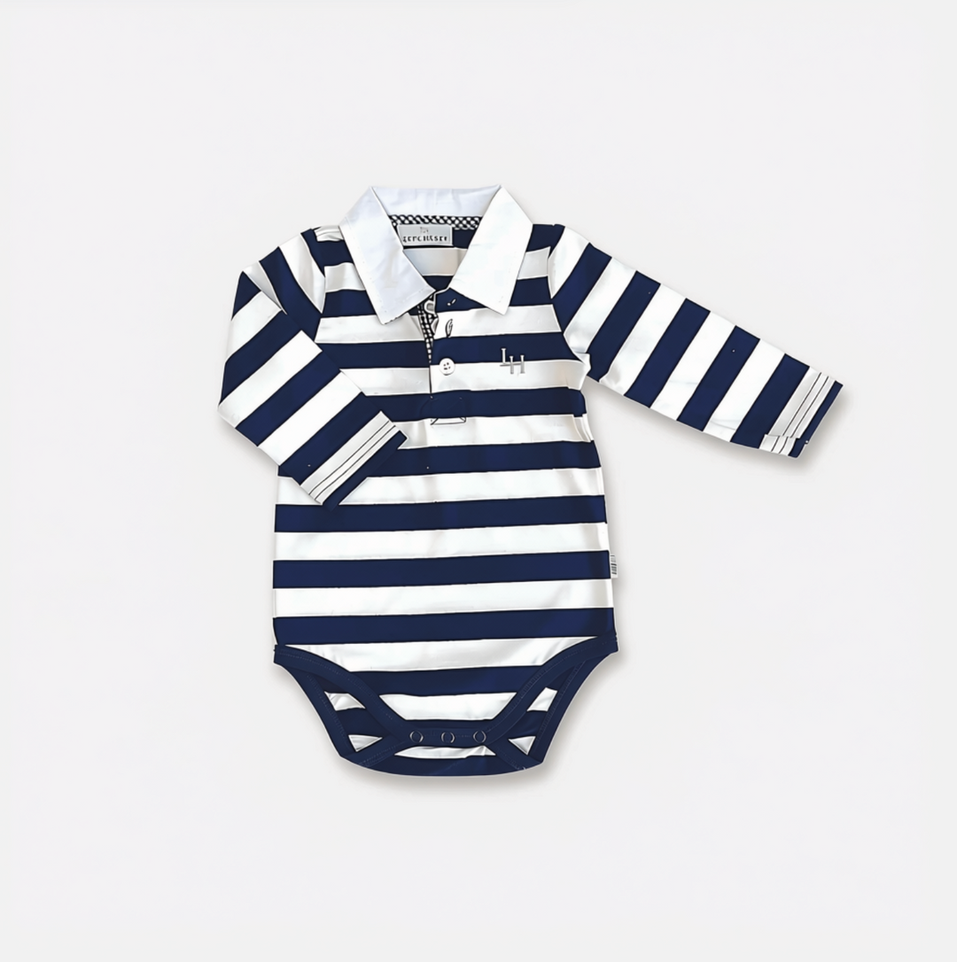 Baby Boys Freddie Polo Romper - Navy Stripe