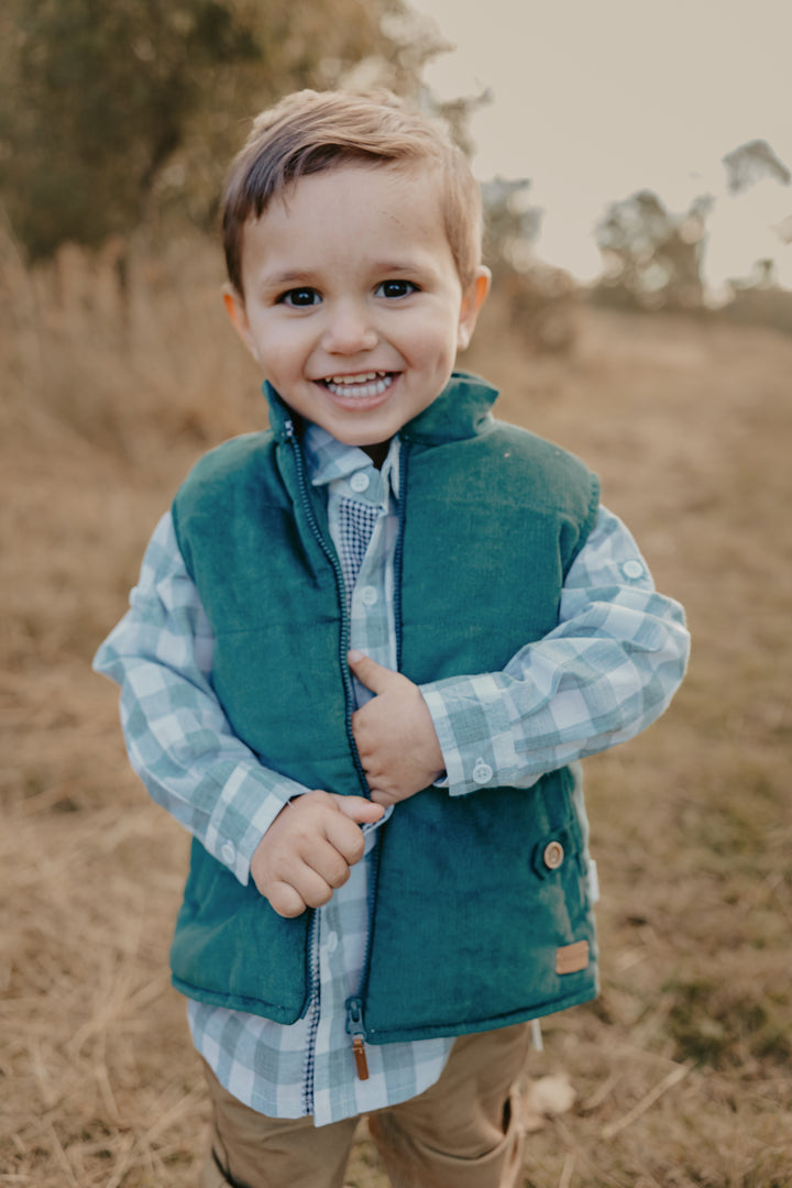 Boys Cooper Puffer Vest - Green Corduroy