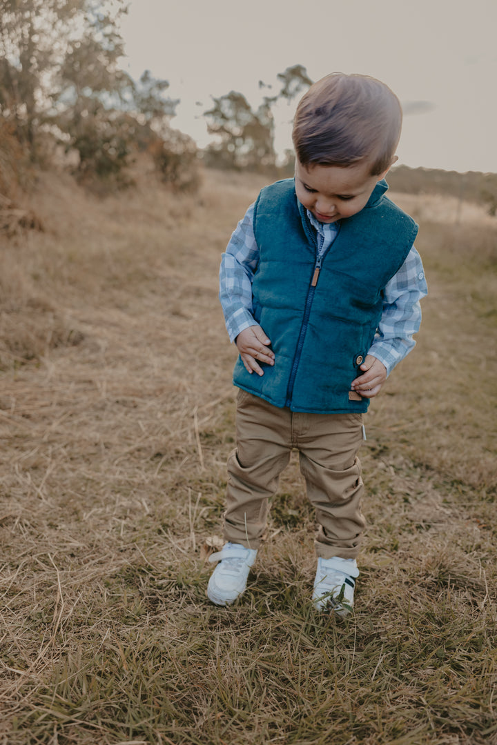 Boys Cooper Puffer Vest - Green Corduroy