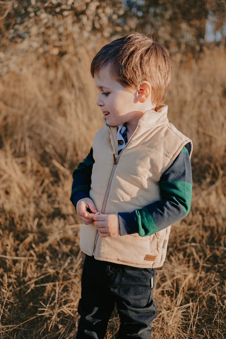 Boys Cooper Puffer Vest - Tan Corduroy