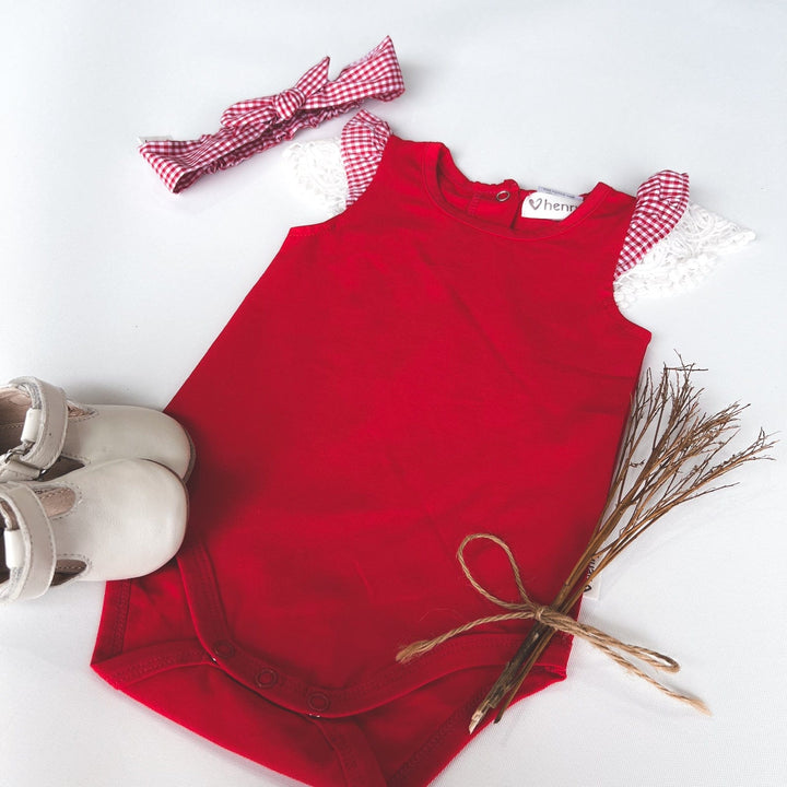 Love Henry Knit Onesie Baby Girls Knit Romper - Check Sleeve Red