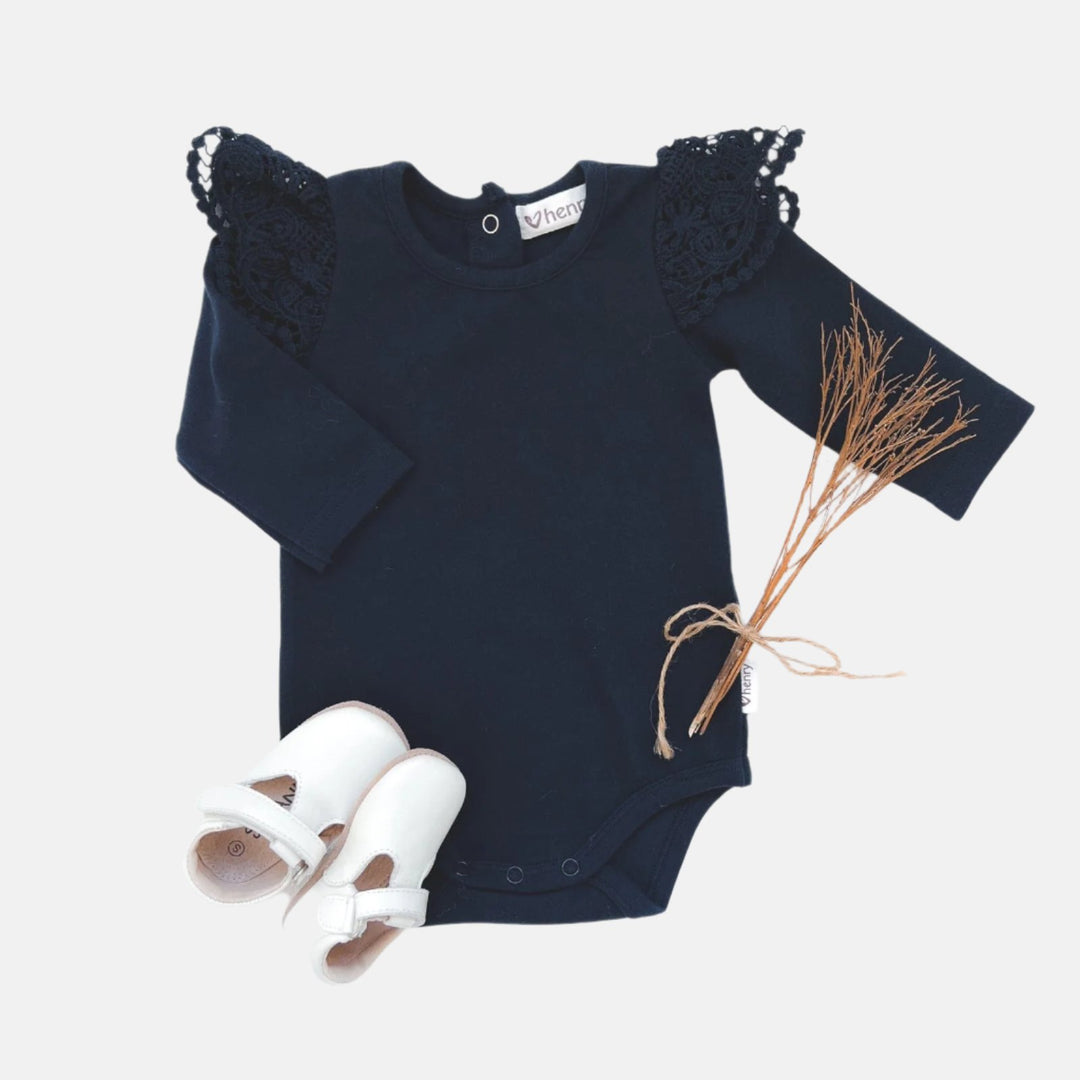 Love Henry Knit Onesie Baby Girls Lace Sleeve Onesie - Navy