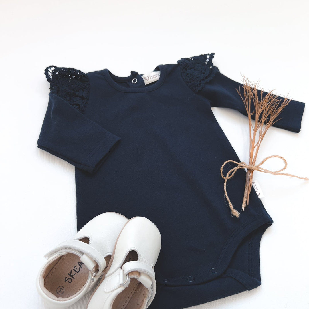 Love Henry Knit Onesie Baby Girls Lace Sleeve Onesie - Navy