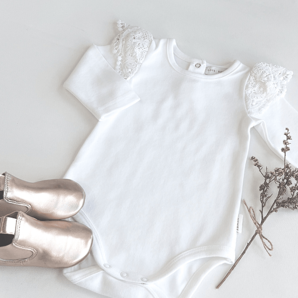 Love Henry Knit Onesie Baby Girls Lace Sleeve Romper - White