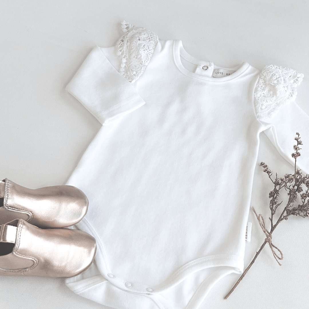 Love Henry Knit Onesie Baby Girls Lace Sleeve Romper - White