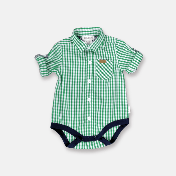 Love Henry Rompers Baby Boys Dress Shirt Romper -  Bright Green Check