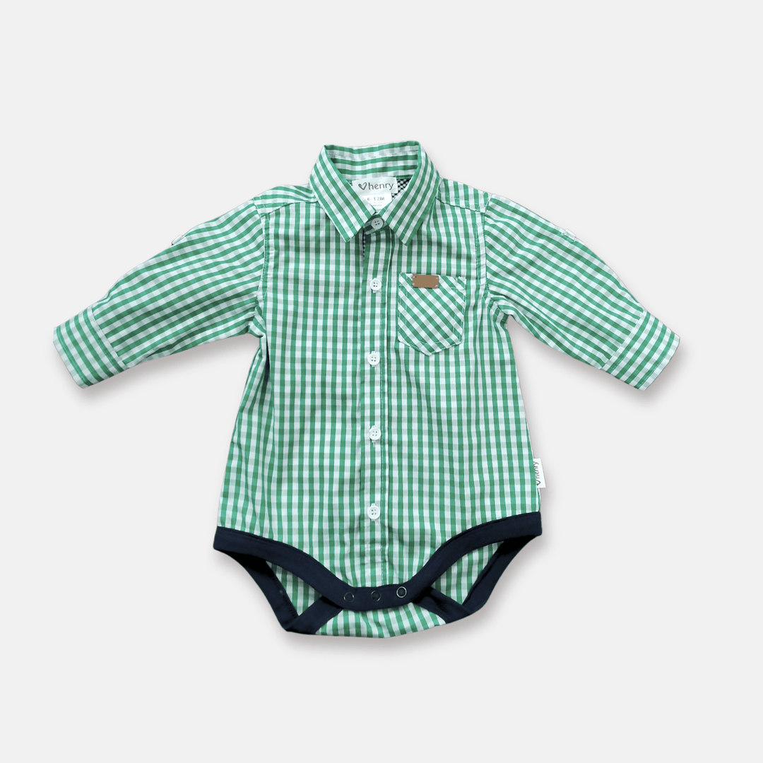 Love Henry Rompers Baby Boys Dress Shirt Romper -  Bright Green Check