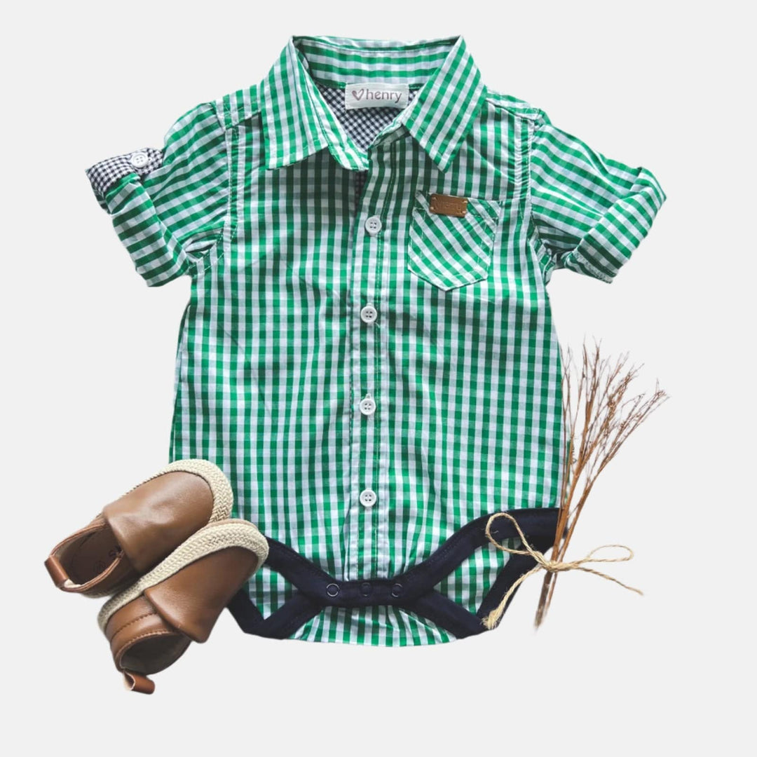 Love Henry Rompers Baby Boys Dress Shirt Romper -  Bright Green Check