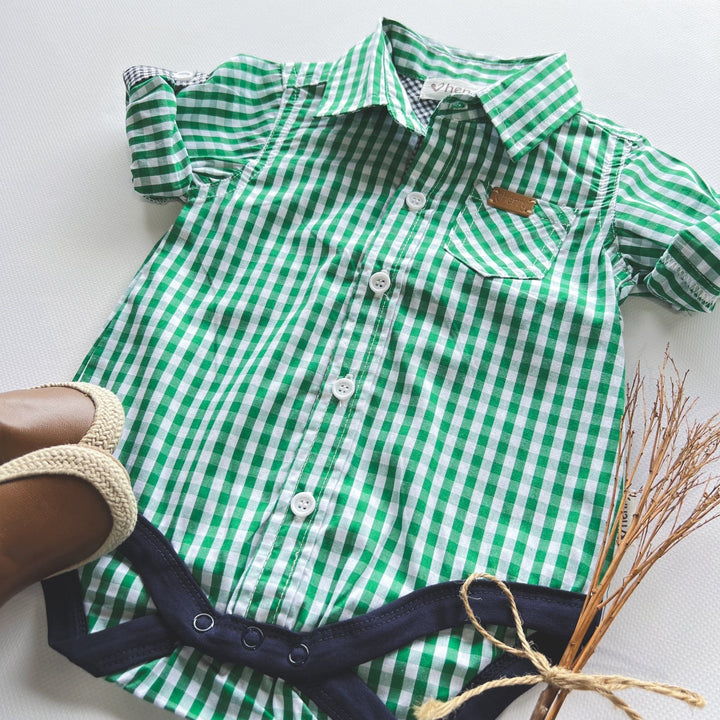 Love Henry Rompers Baby Boys Dress Shirt Romper -  Bright Green Check