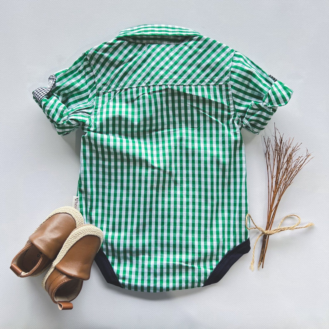 Love Henry Rompers Baby Boys Dress Shirt Romper -  Bright Green Check