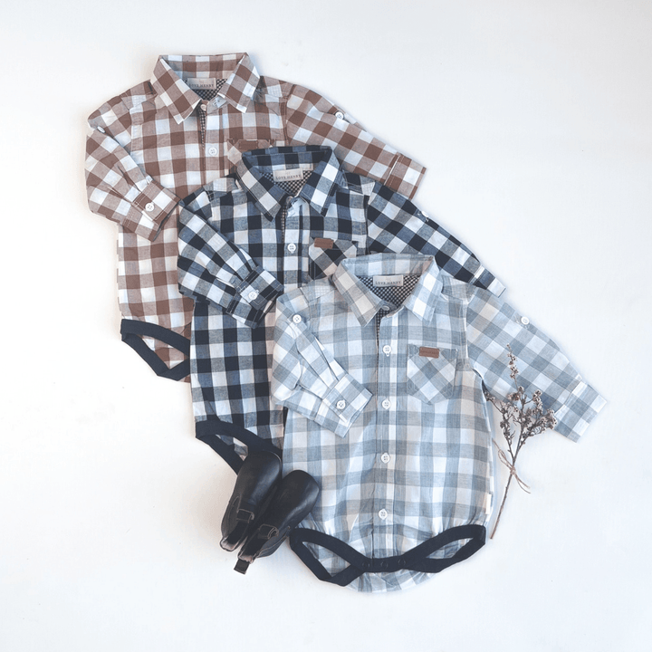 Love Henry Rompers Baby Boys Dress Shirt Romper -  Large Blue Check