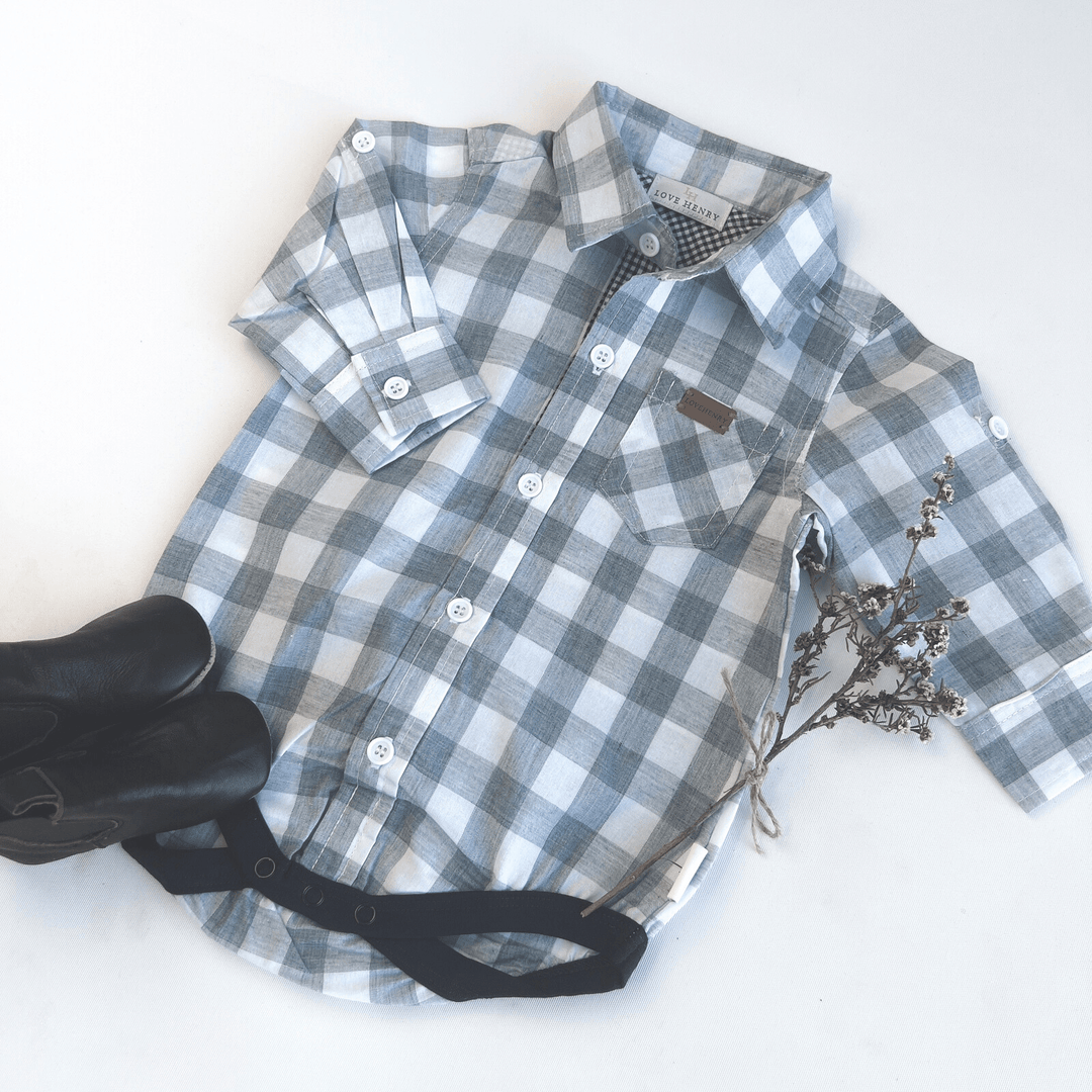 Love Henry Rompers Baby Boys Dress Shirt Romper -  Large Blue Check