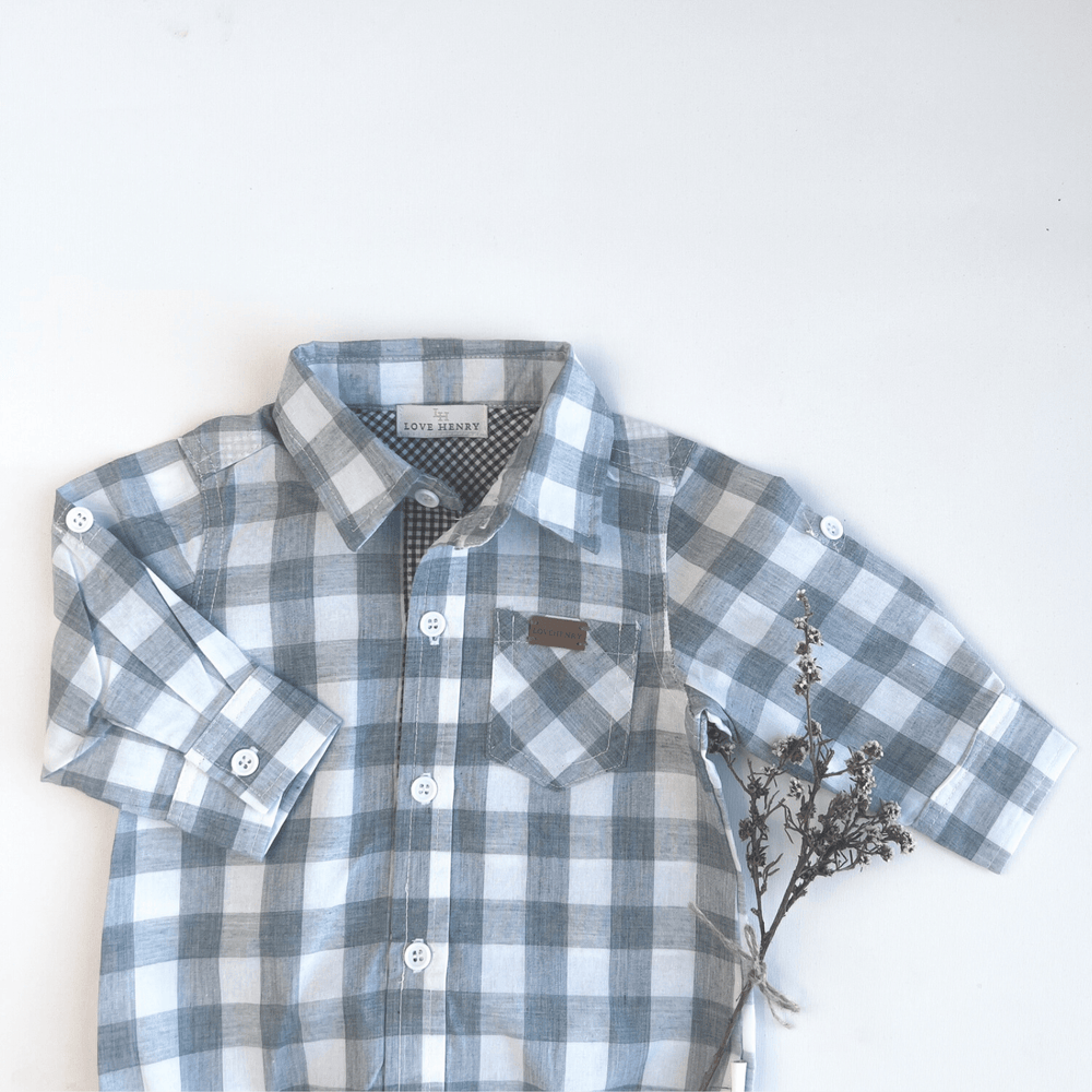 Love Henry Rompers Baby Boys Dress Shirt Romper -  Large Blue Check