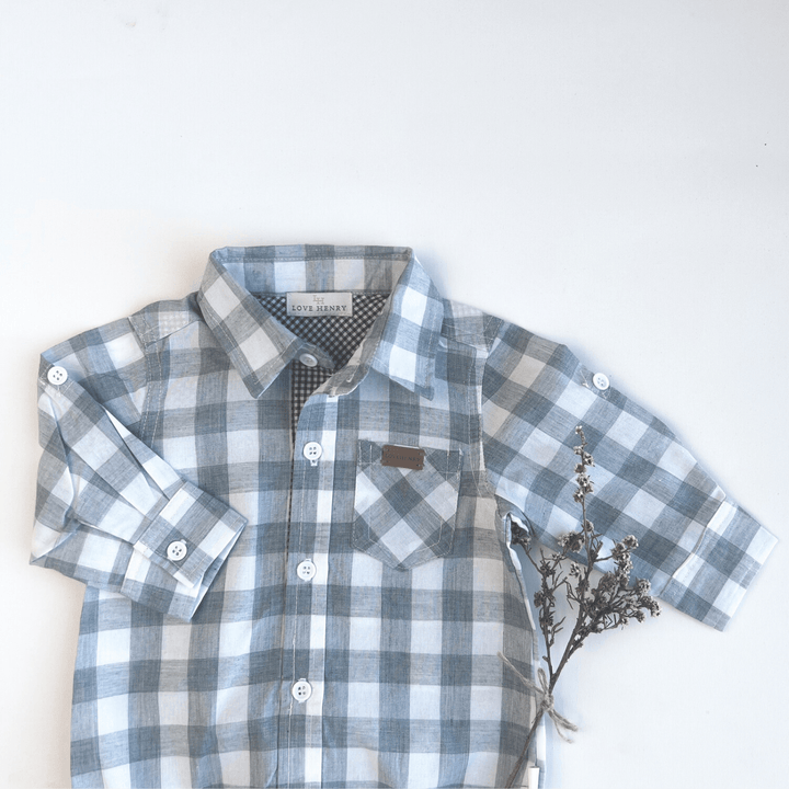 Love Henry Rompers Baby Boys Dress Shirt Romper -  Large Blue Check