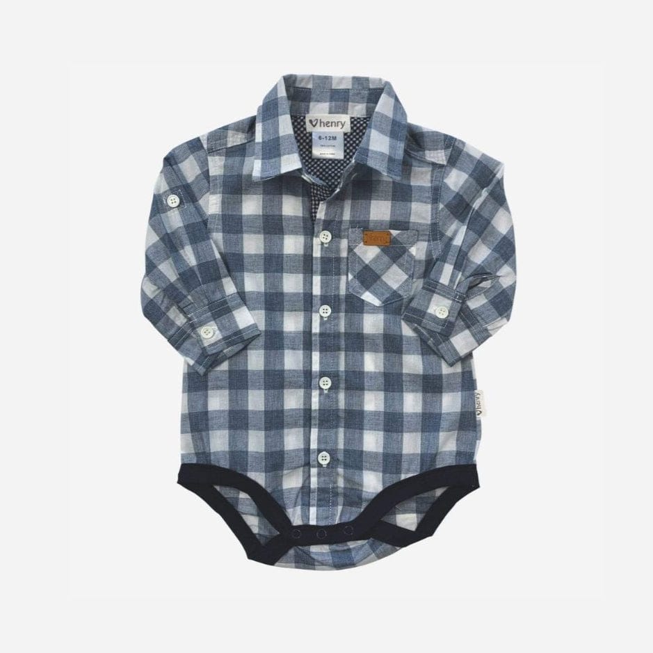 Love Henry Rompers Baby Boys Dress Shirt Romper -  Large Blue Check