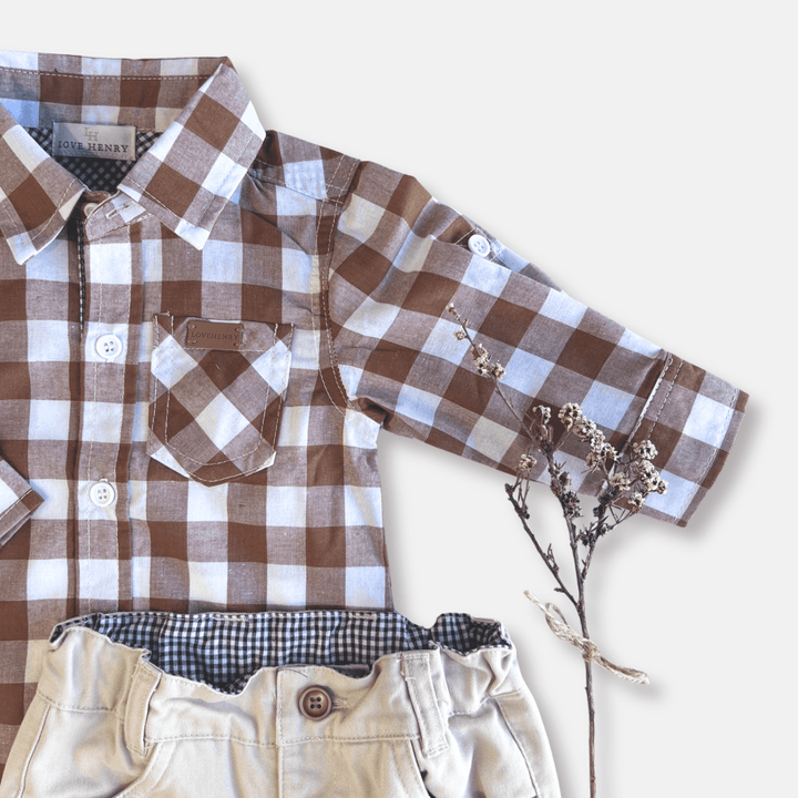 Love Henry Rompers Baby Boys Dress Shirt Romper -  Large Bronze Check