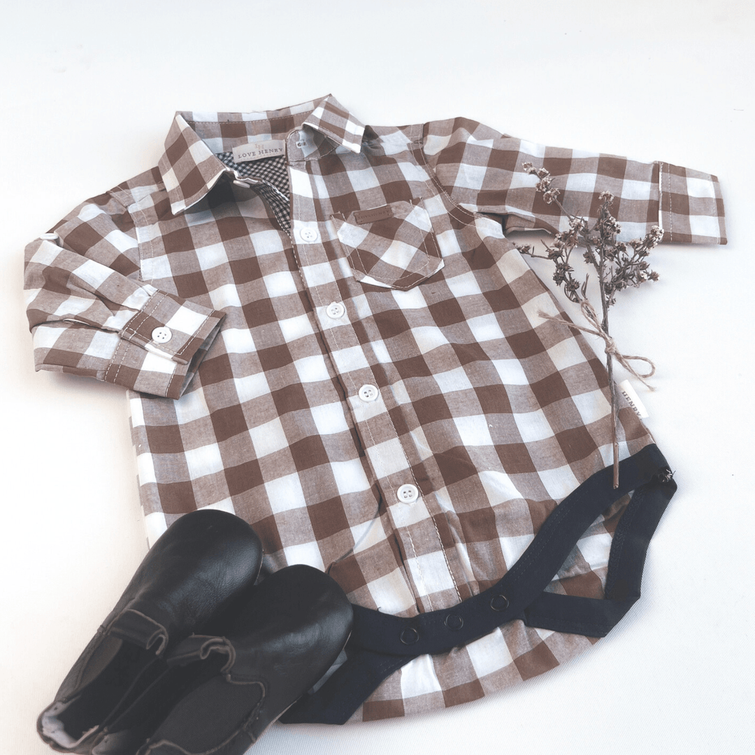 Love Henry Rompers Baby Boys Dress Shirt Romper -  Large Bronze Check