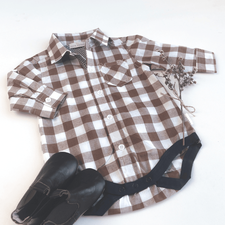Love Henry Rompers Baby Boys Dress Shirt Romper -  Large Bronze Check