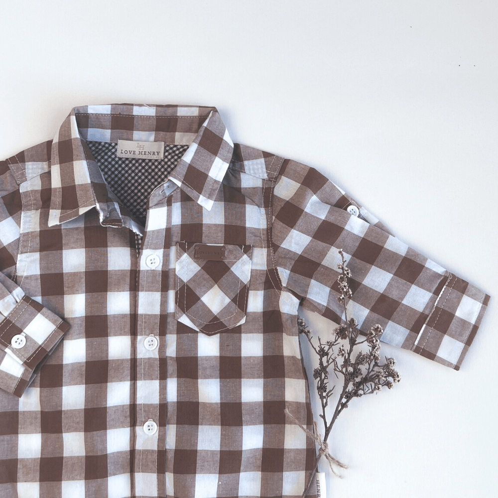 Love Henry Rompers Baby Boys Dress Shirt Romper -  Large Bronze Check