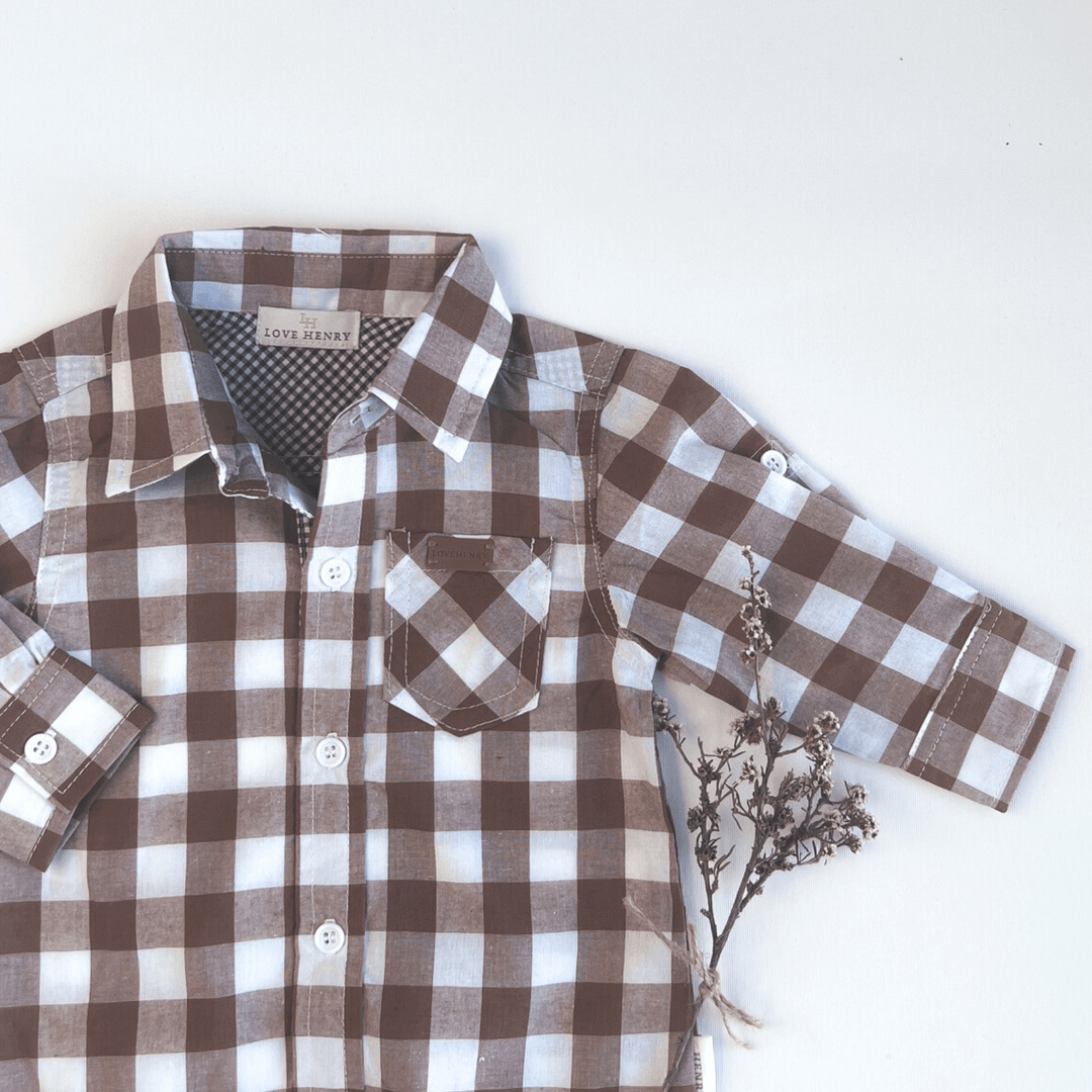 Love Henry Rompers Baby Boys Dress Shirt Romper -  Large Bronze Check