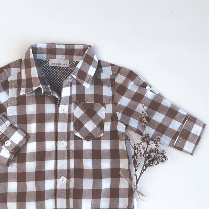 Love Henry Rompers Baby Boys Dress Shirt Romper -  Large Bronze Check
