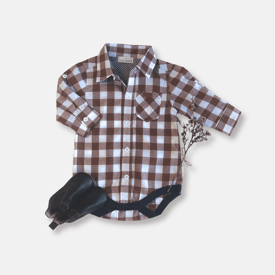 Love Henry Rompers Baby Boys Dress Shirt Romper -  Large Bronze Check