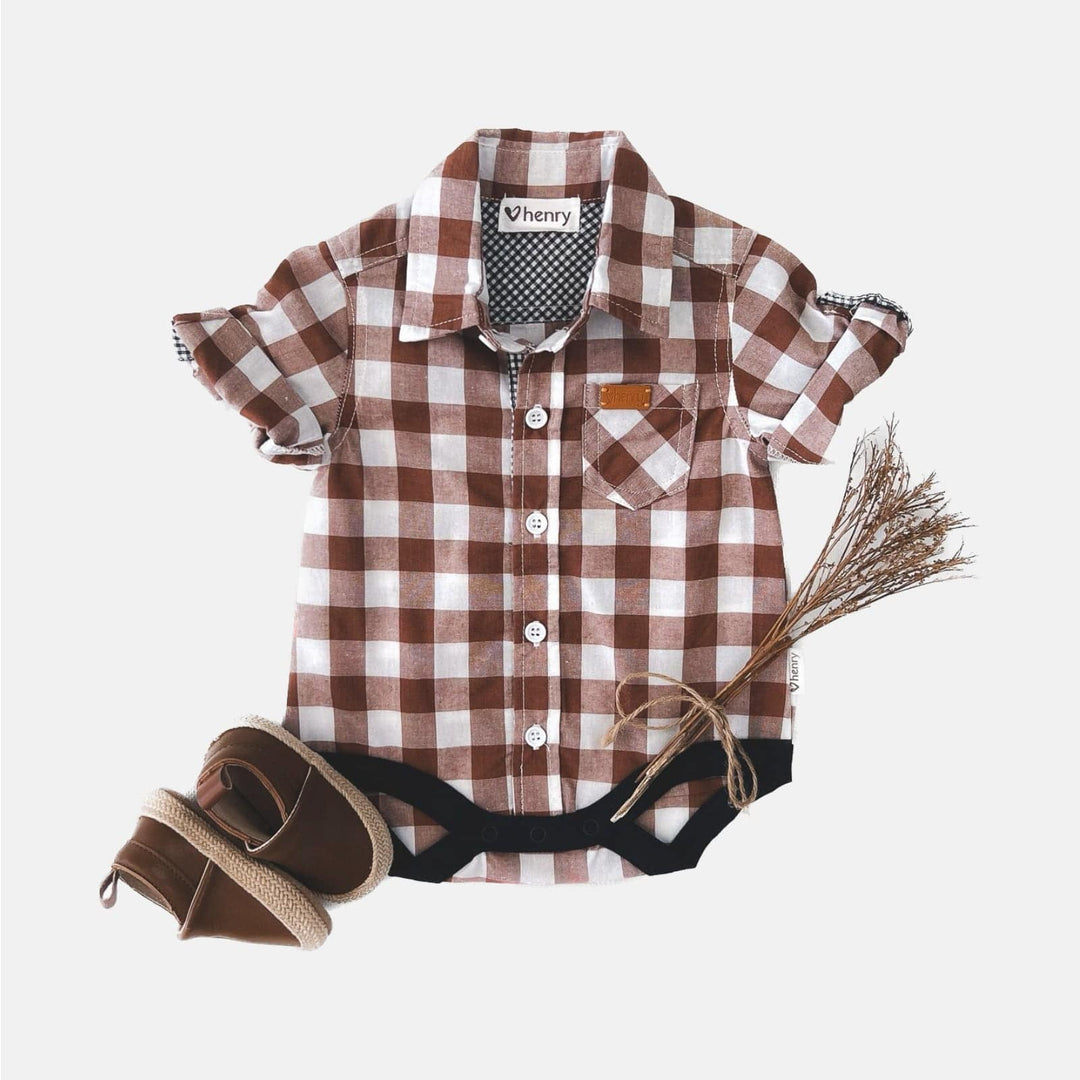 Love Henry Rompers Baby Boys Dress Shirt Romper -  Large Bronze Check