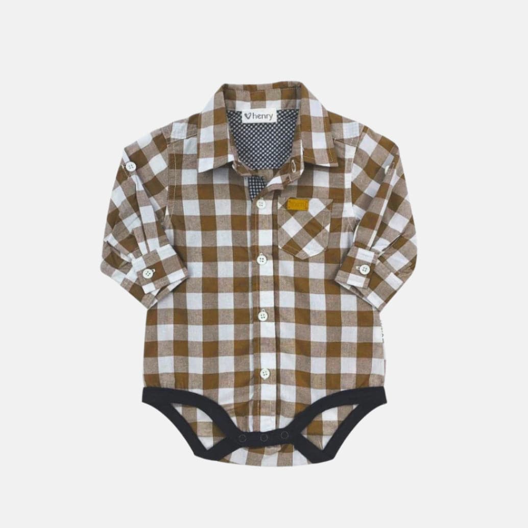 Love Henry Rompers Baby Boys Dress Shirt Romper -  Large Bronze Check