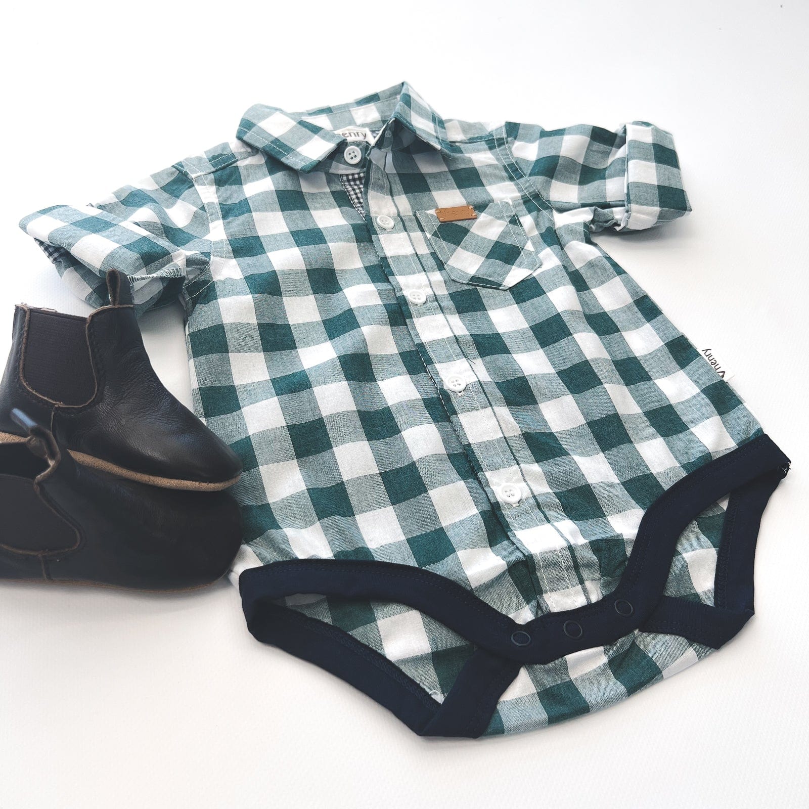 Love Henry Rompers Baby Boys Dress Shirt Romper -  Large Green Check