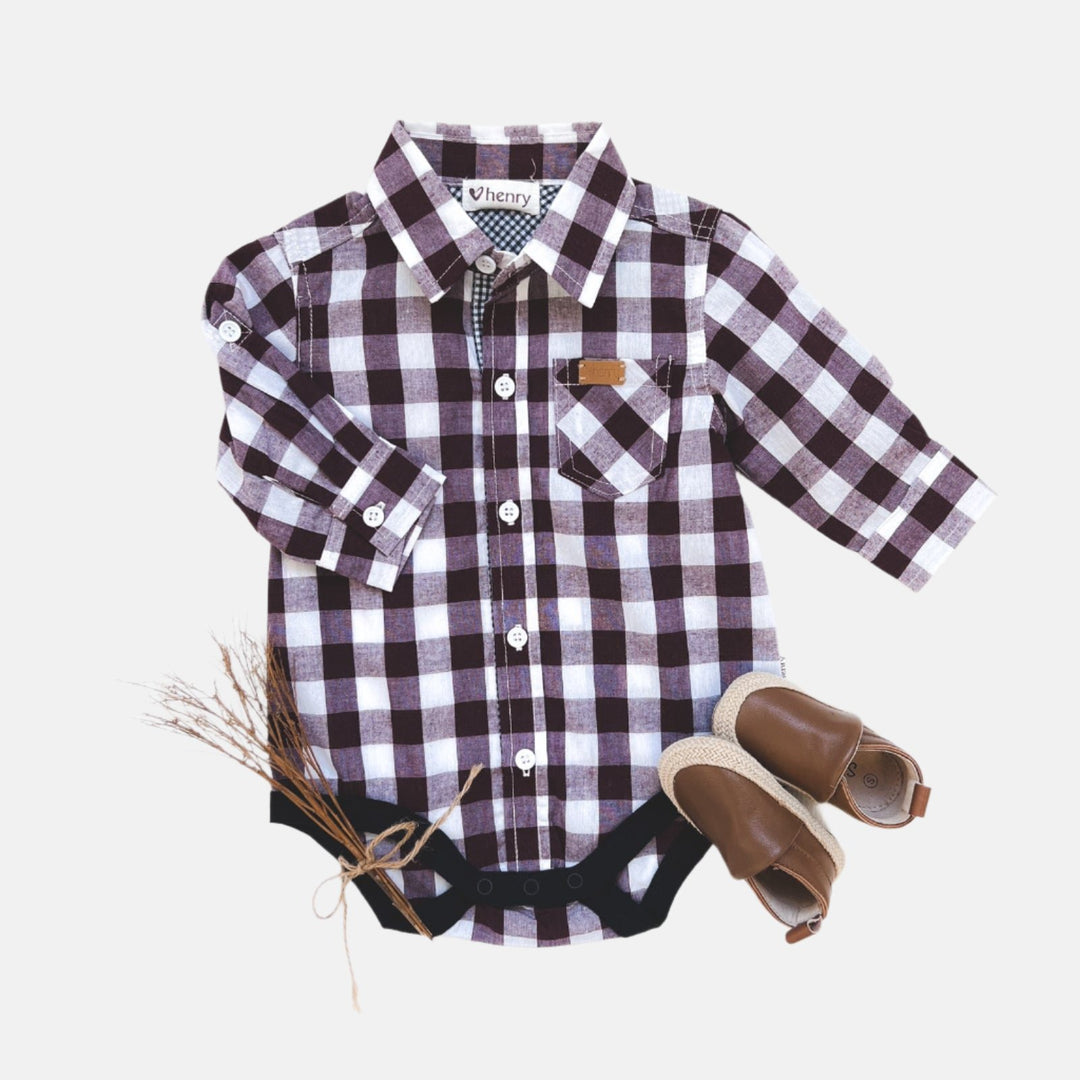 Love Henry Rompers Baby Boys Dress Shirt Romper -  Large Maroon Check