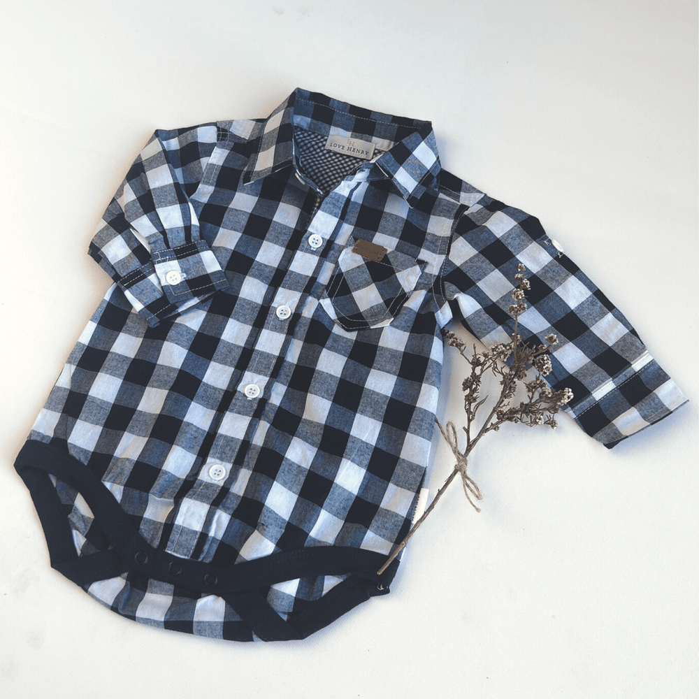 Love Henry Rompers Baby Boys Dress Shirt Romper -  Large Navy Check