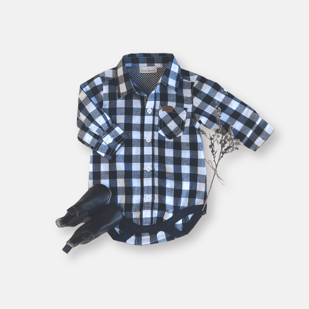 Love Henry Rompers Baby Boys Dress Shirt Romper -  Large Navy Check
