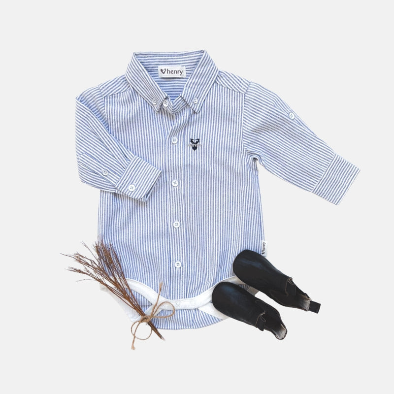 Baby Boys Dress Shirt Romper - Navy Pinstripe