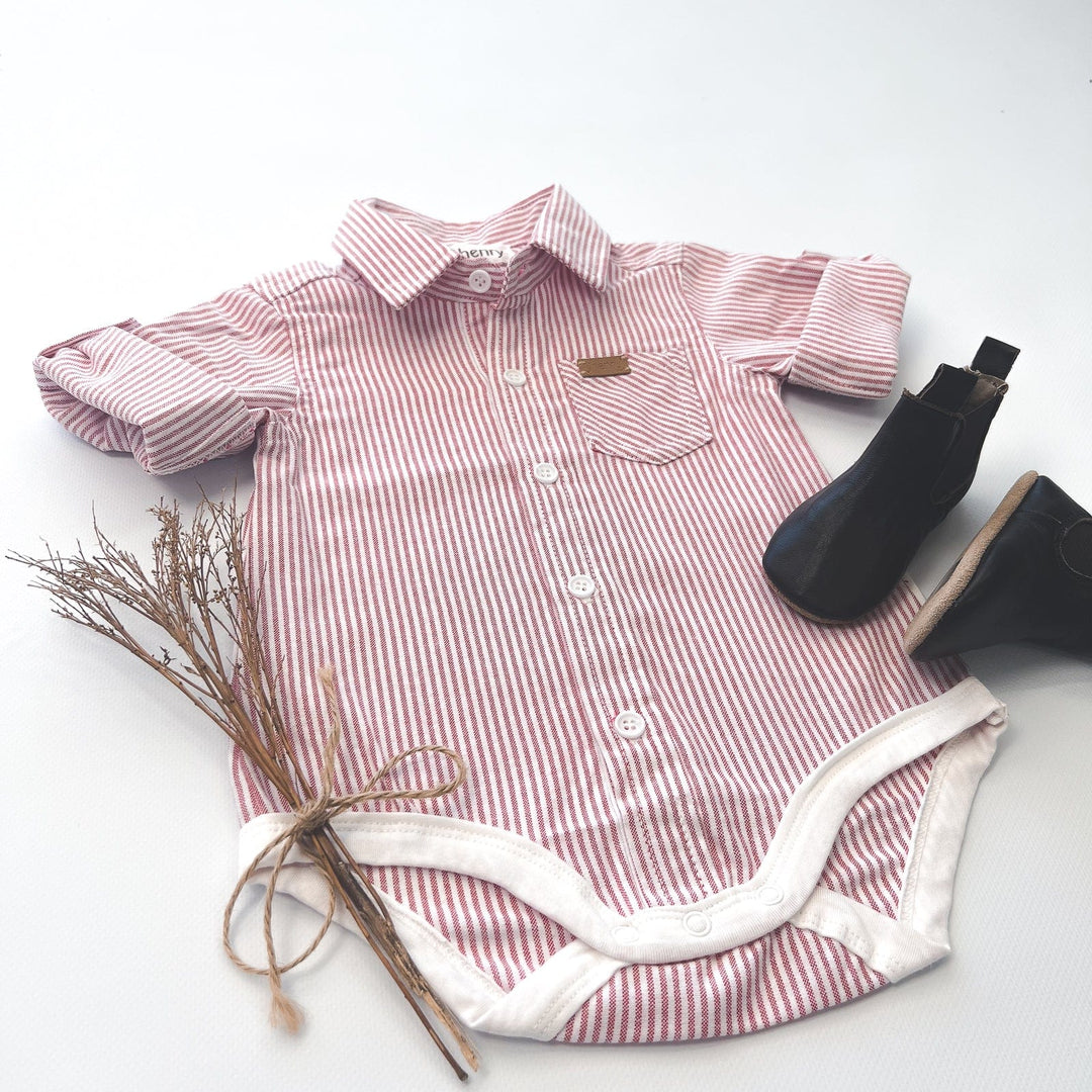 Love Henry Rompers Baby Boys Dress Shirt Romper -  Red Pinstripe