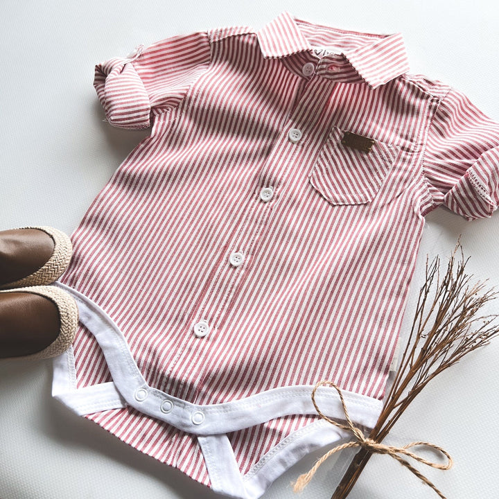 Love Henry Rompers Baby Boys Dress Shirt Romper -  Red Pinstripe