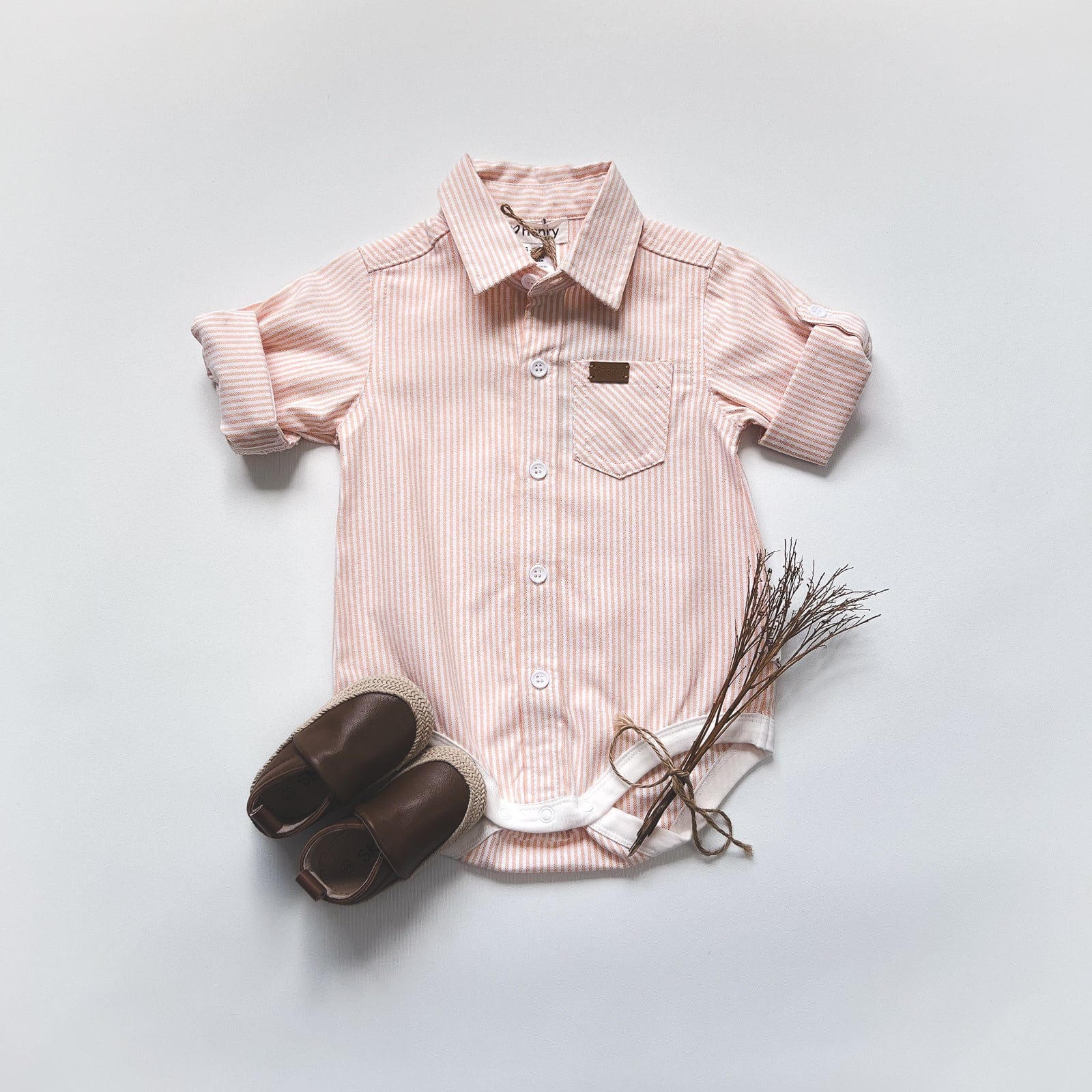 Love Henry Rompers Baby Boys Dress Shirt Romper -  Tangerine Pinstripe